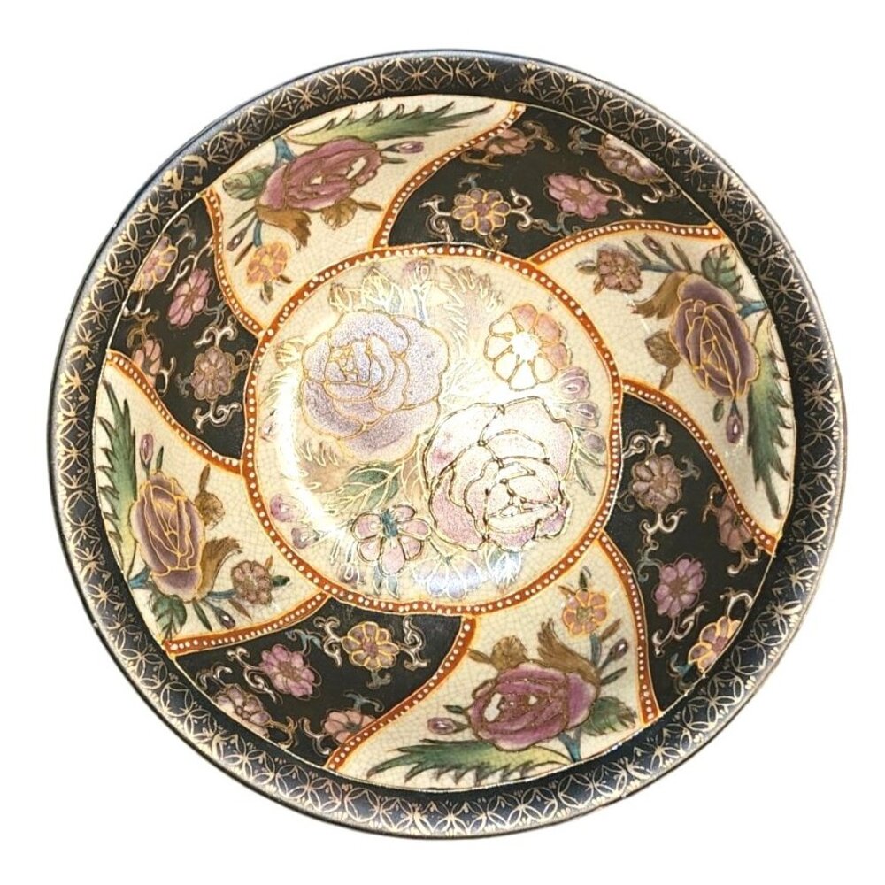 Vintage Ceramic Bowl Hand-Painted Chinese Rose Floral & Gold 8" Dia 3"‎ Depth